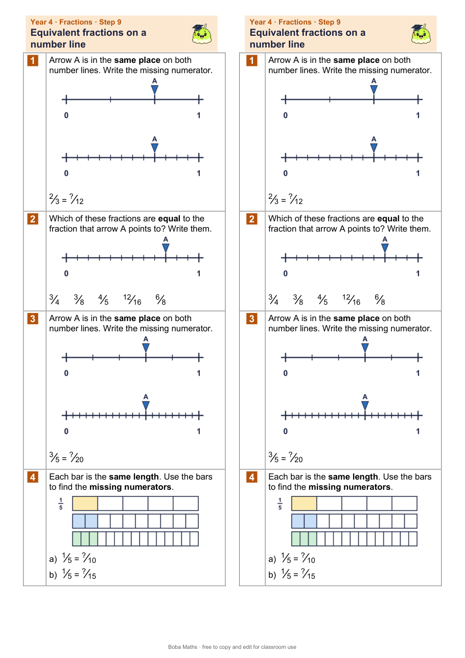 First page of the not scaffolded Equivalent fractions on a number line sheet, printed twice side by side