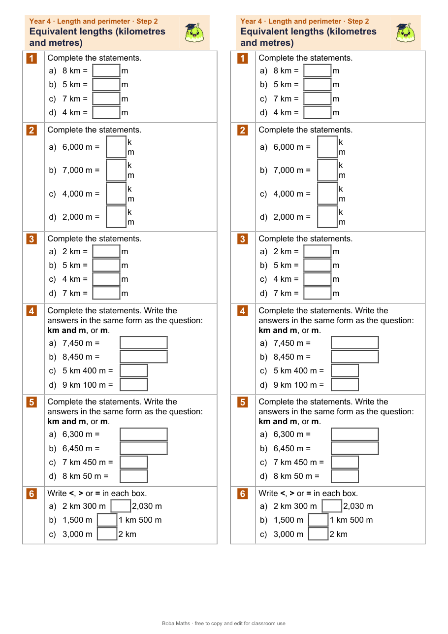 First page of the not scaffolded Equivalent lengths (kilometres and metres) sheet, printed twice side by side
