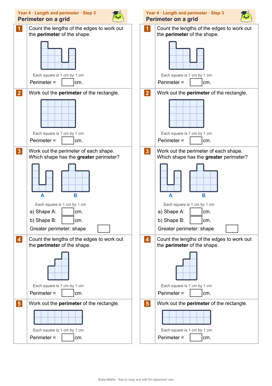 First page of the not scaffolded Perimeter on a grid sheet, printed twice side by side