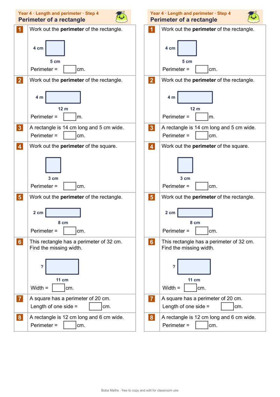 First page of the not scaffolded Perimeter of a rectangle sheet, printed twice side by side