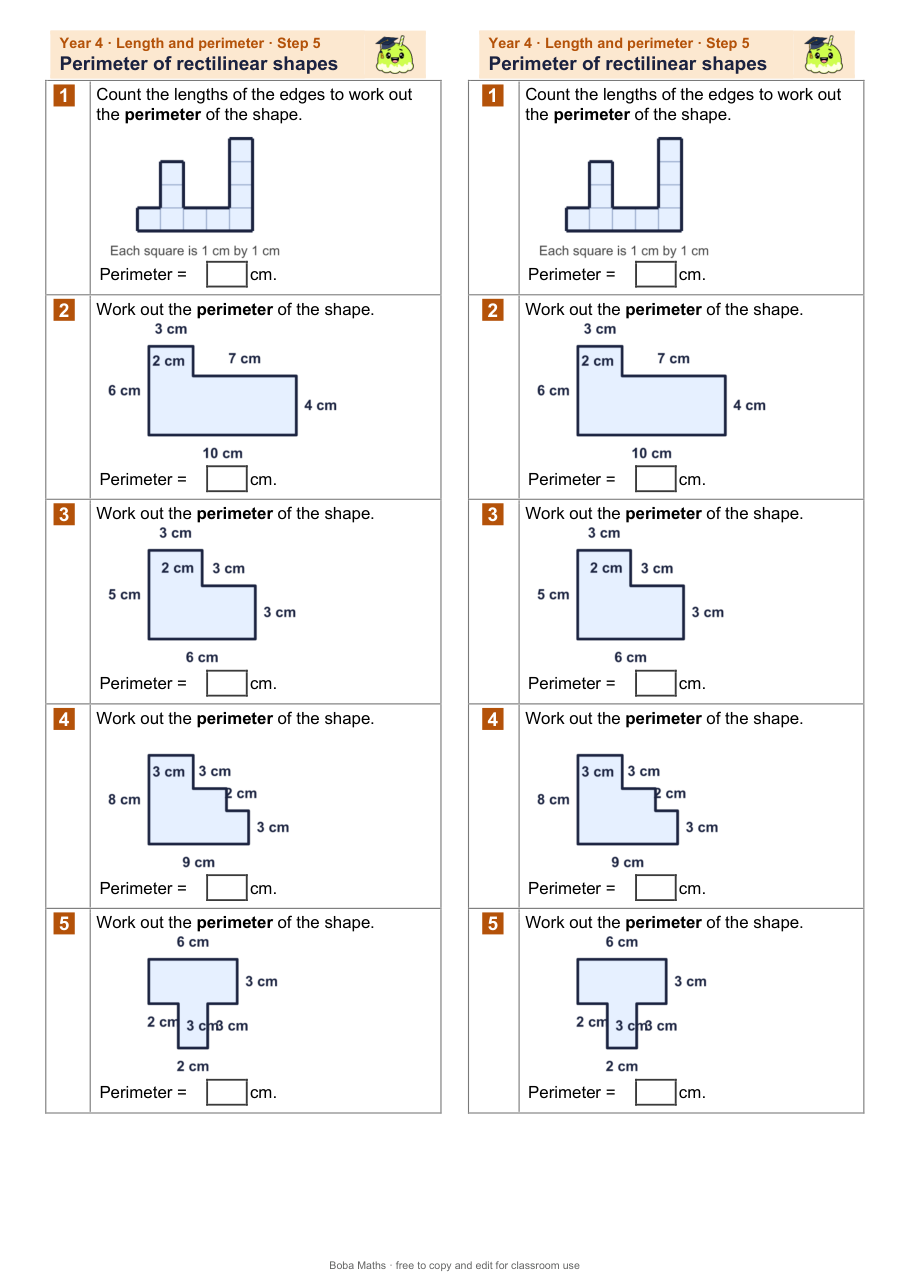 First page of the not scaffolded Perimeter of rectilinear shapes sheet, printed twice side by side