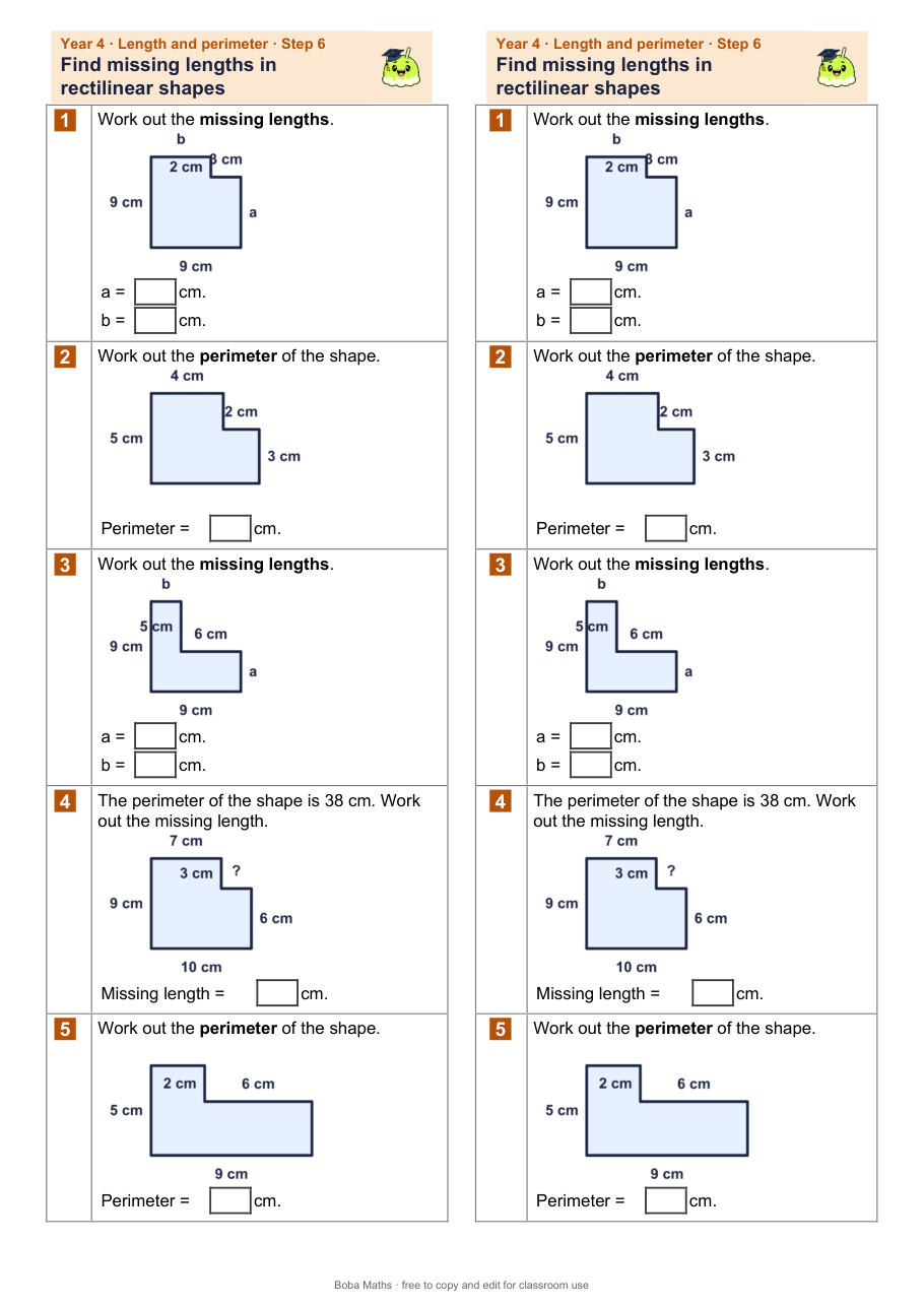 First page of the not scaffolded Find missing lengths in rectilinear shapes sheet, printed twice side by side