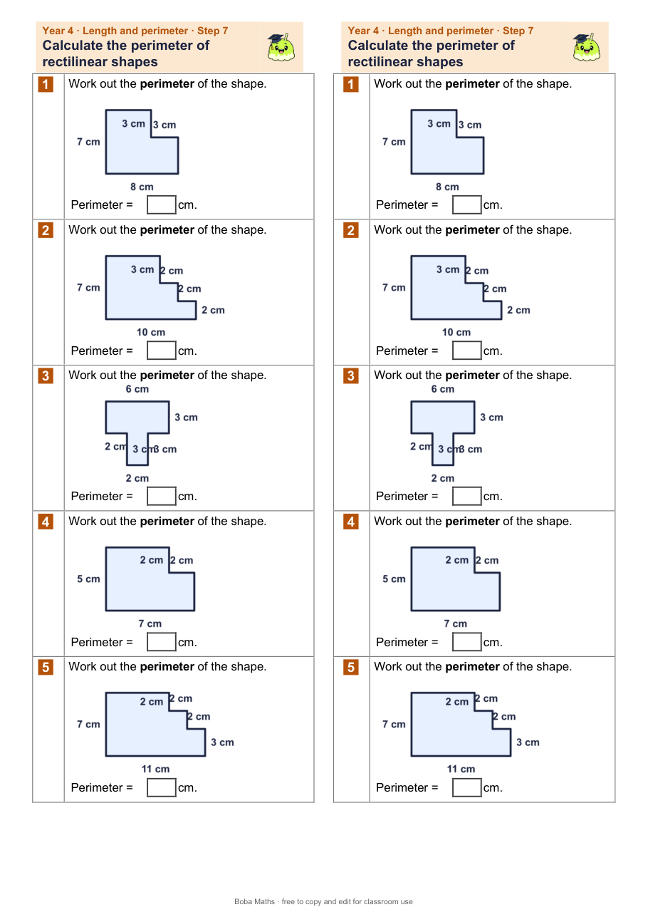 First page of the not scaffolded Calculate the perimeter of rectilinear shapes sheet, printed twice side by side