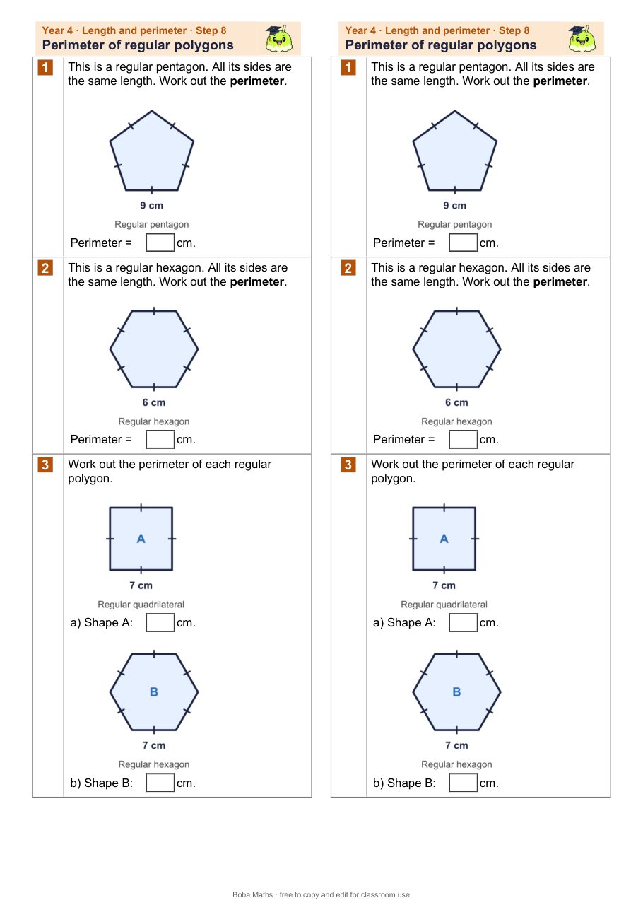 First page of the not scaffolded Perimeter of regular polygons sheet, printed twice side by side