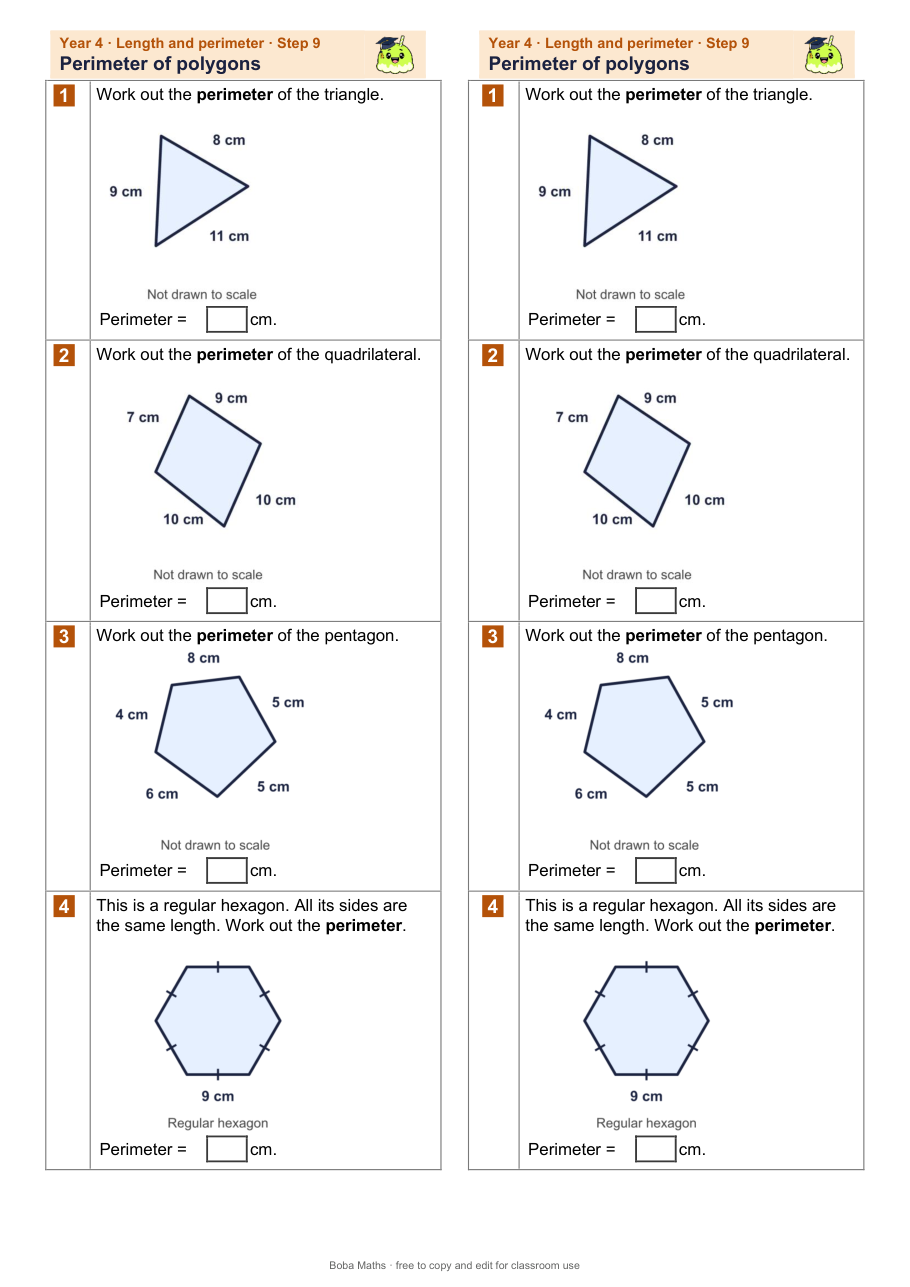 First page of the not scaffolded Perimeter of polygons sheet, printed twice side by side
