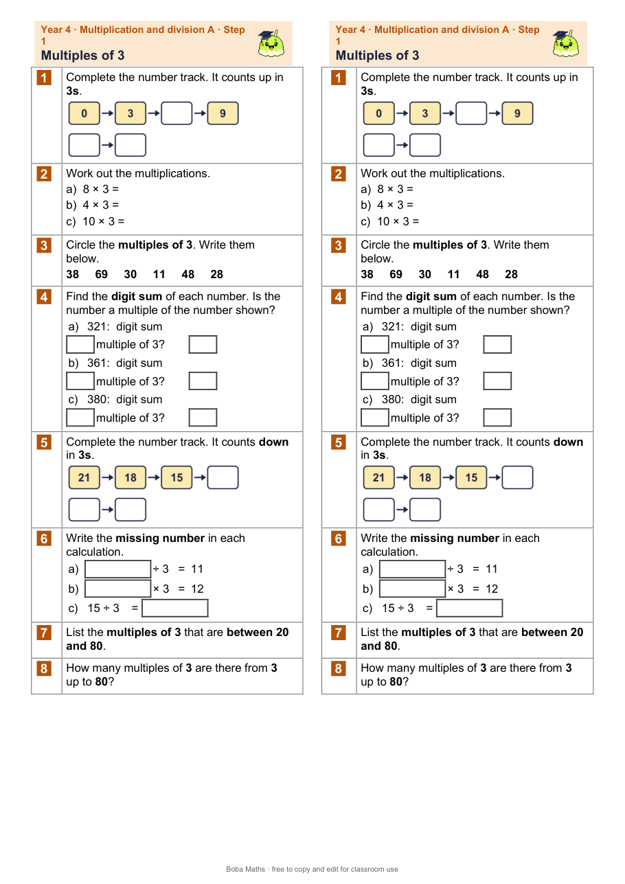 First page of the not scaffolded Multiples of 3 sheet, printed twice side by side