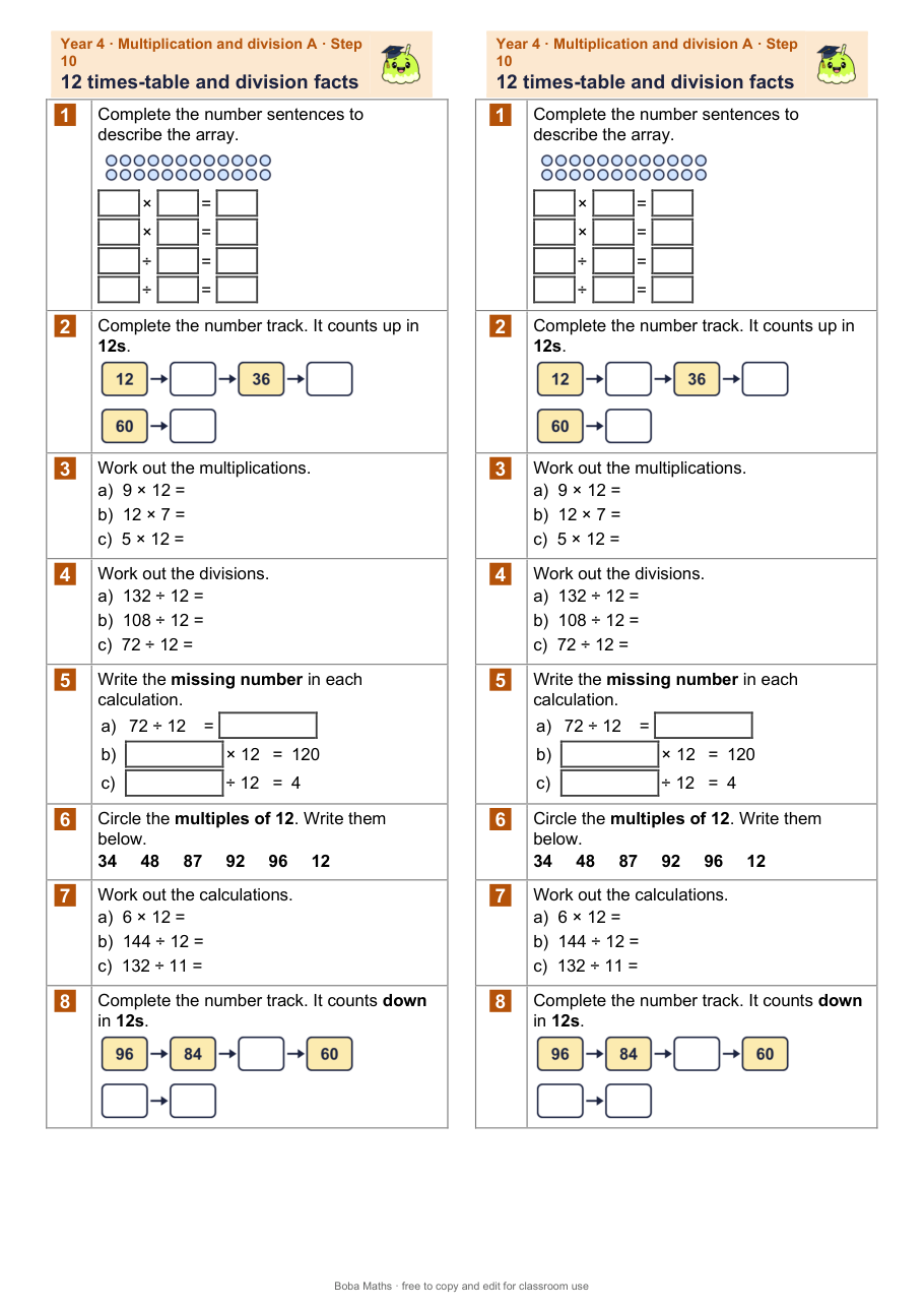 First page of the not scaffolded 12 times-table and division facts sheet, printed twice side by side
