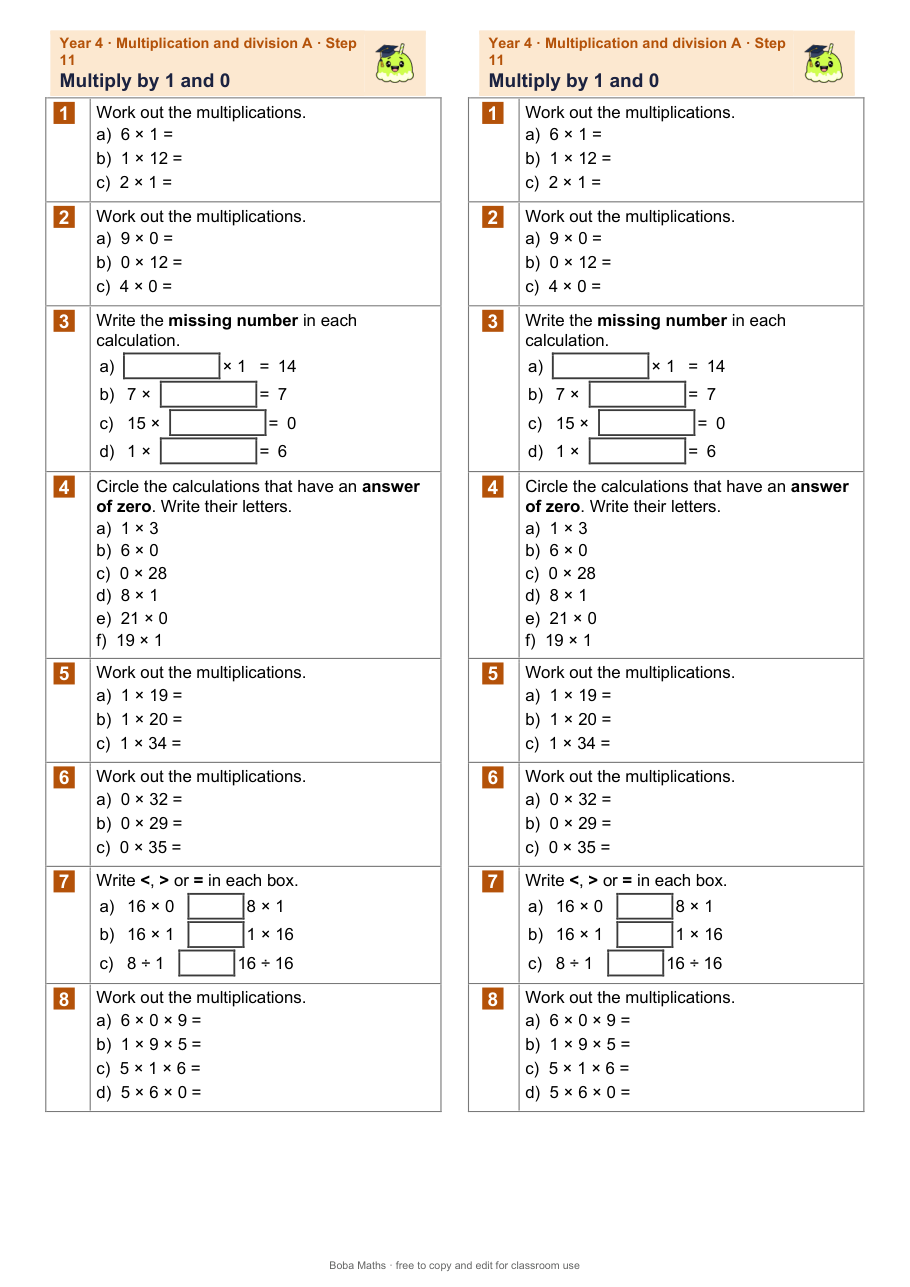 First page of the not scaffolded Multiply by 1 and 0 sheet, printed twice side by side