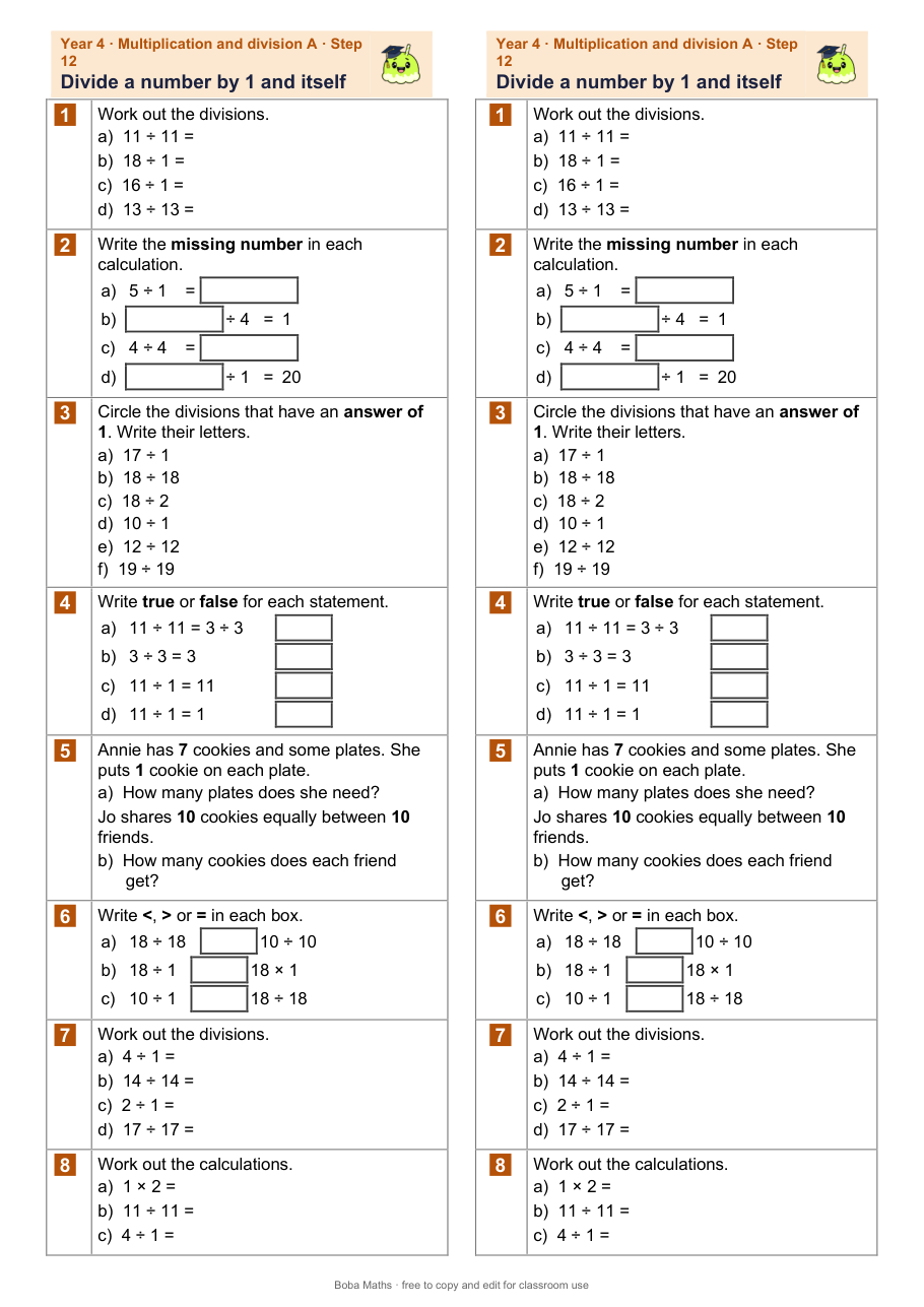 First page of the not scaffolded Divide a number by 1 and itself sheet, printed twice side by side