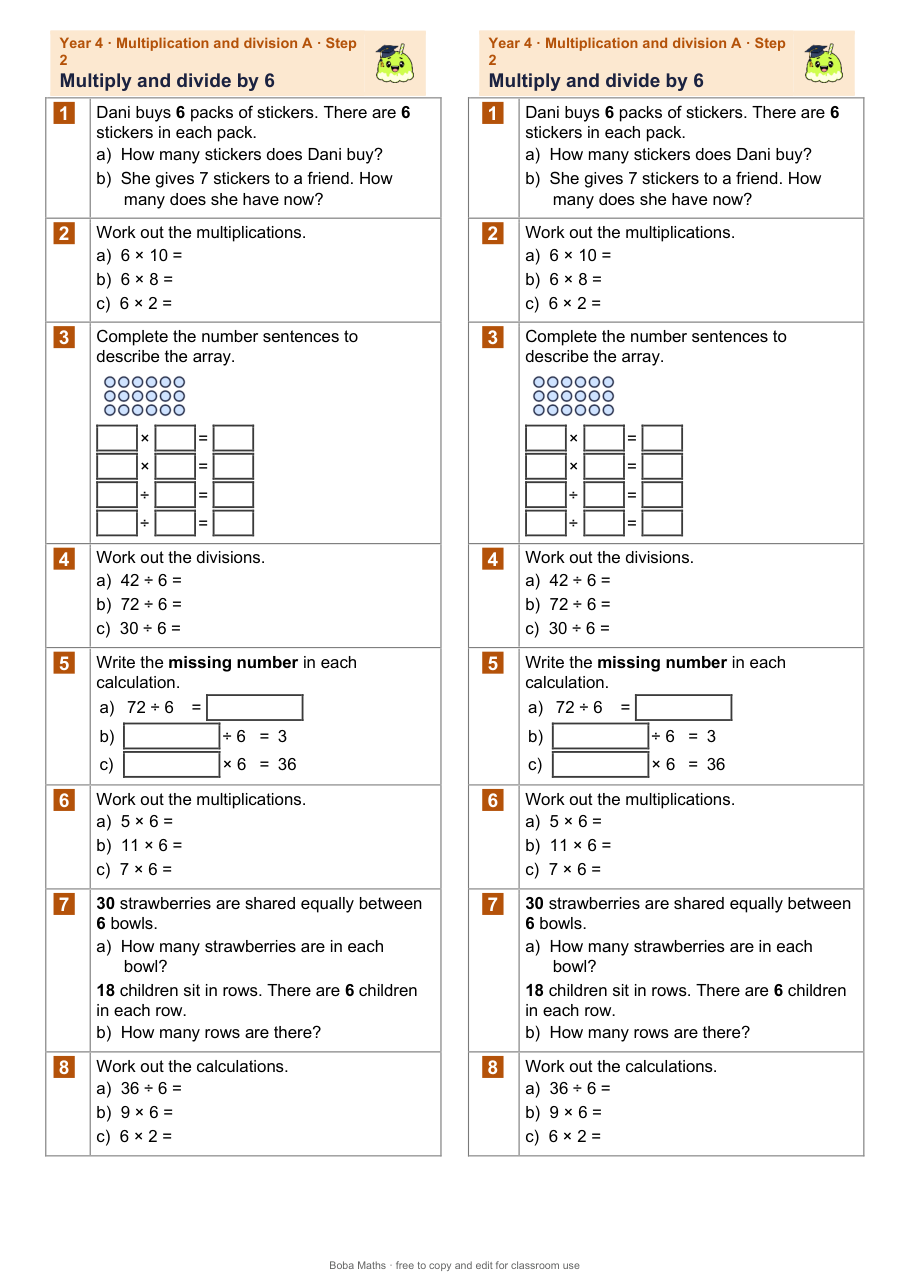 First page of the not scaffolded Multiply and divide by 6 sheet, printed twice side by side