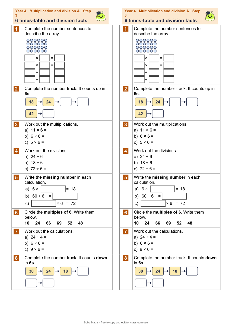 First page of the not scaffolded 6 times-table and division facts sheet, printed twice side by side