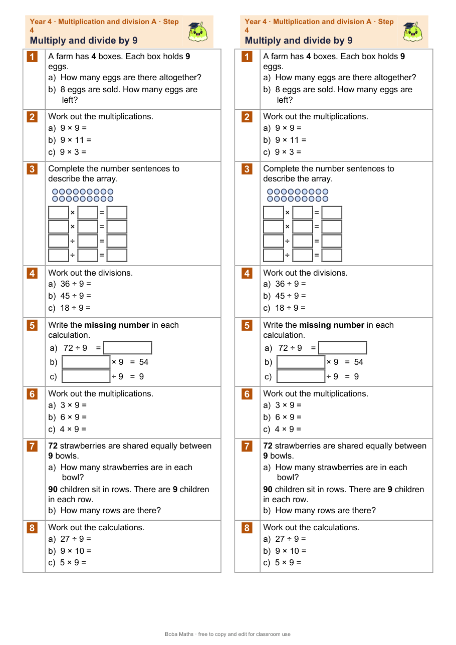 First page of the not scaffolded Multiply and divide by 9 sheet, printed twice side by side