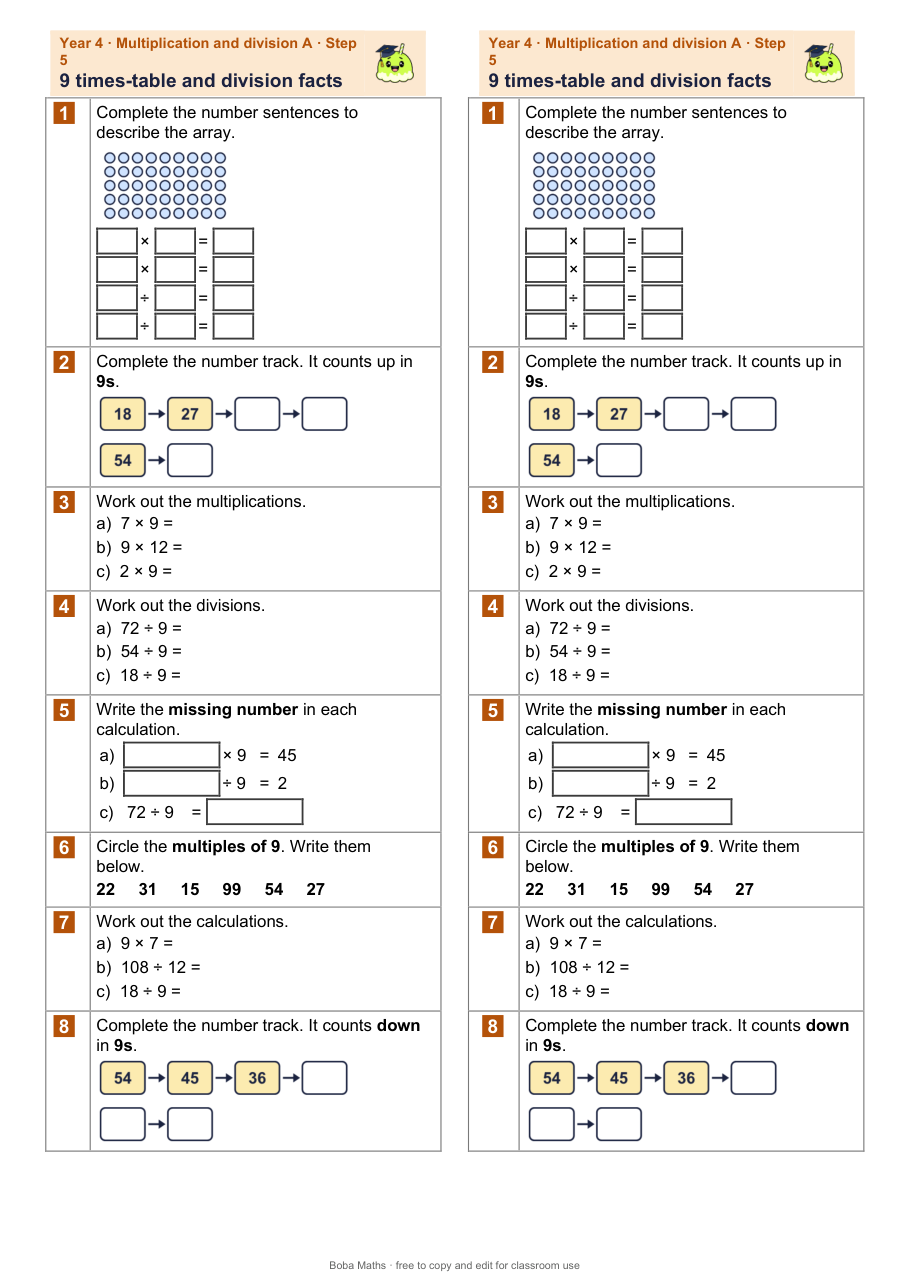 First page of the not scaffolded 9 times-table and division facts sheet, printed twice side by side