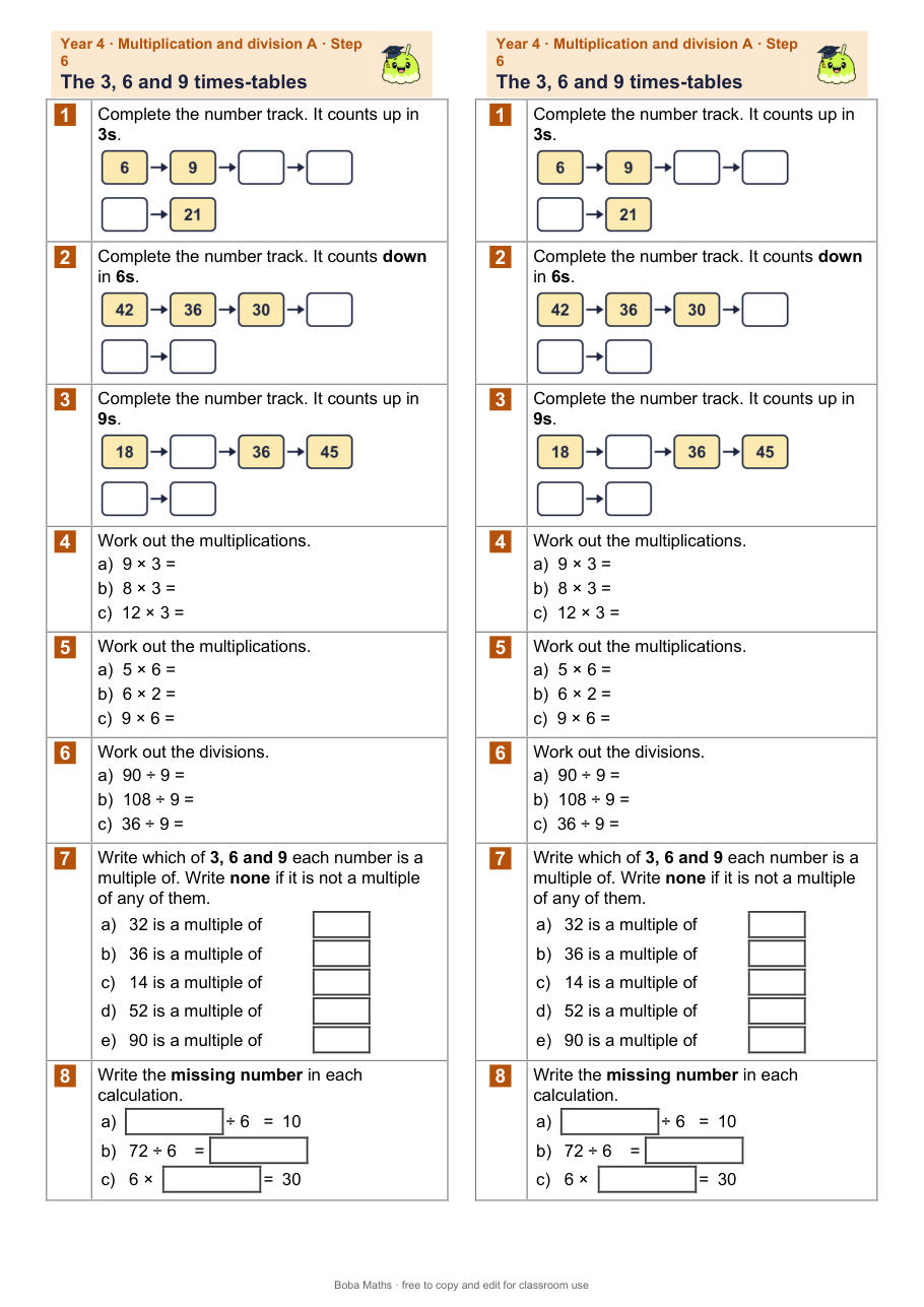 First page of the not scaffolded The 3, 6 and 9 times-tables sheet, printed twice side by side