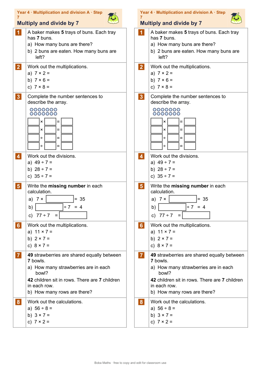 First page of the not scaffolded Multiply and divide by 7 sheet, printed twice side by side