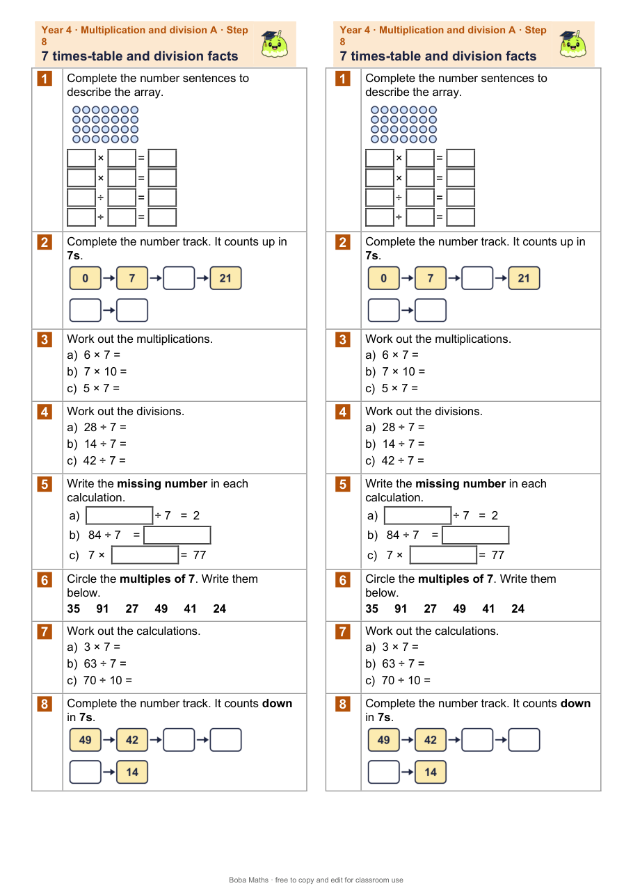First page of the not scaffolded 7 times-table and division facts sheet, printed twice side by side