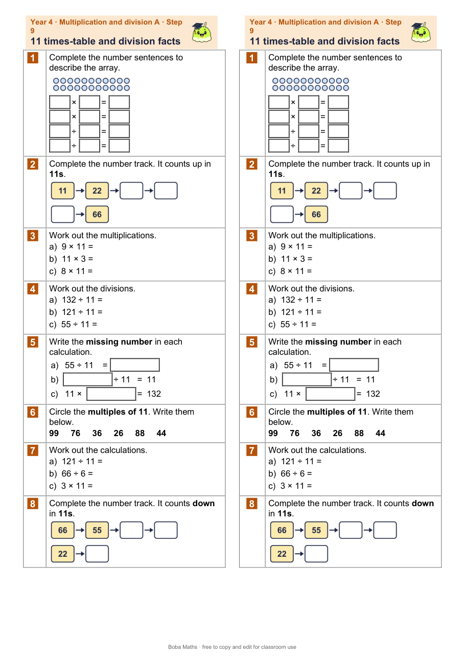 First page of the not scaffolded 11 times-table and division facts sheet, printed twice side by side