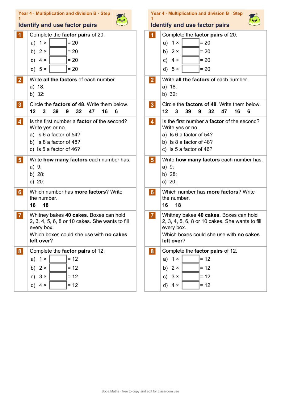 First page of the not scaffolded Identify and use factor pairs sheet, printed twice side by side
