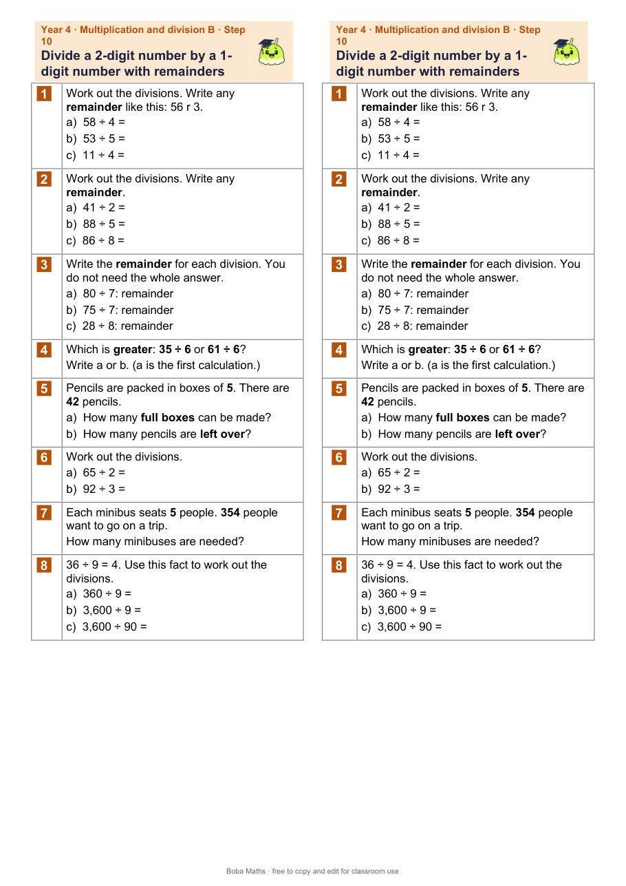 First page of the not scaffolded Divide a 2-digit number by a 1-digit number with remainders sheet, printed twice side by side