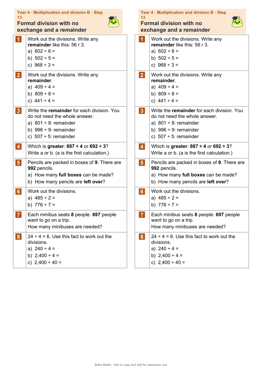 First page of the not scaffolded Formal division with no exchange and a remainder sheet, printed twice side by side