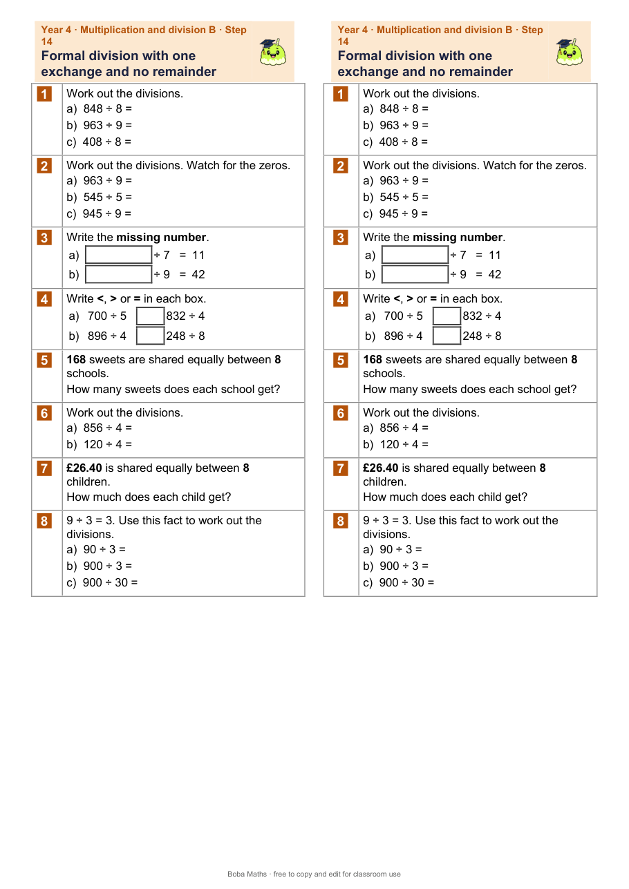 First page of the not scaffolded Formal division with one exchange and no remainder sheet, printed twice side by side