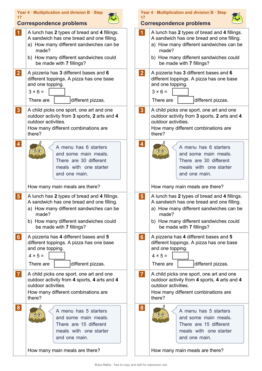 First page of the not scaffolded Correspondence problems sheet, printed twice side by side