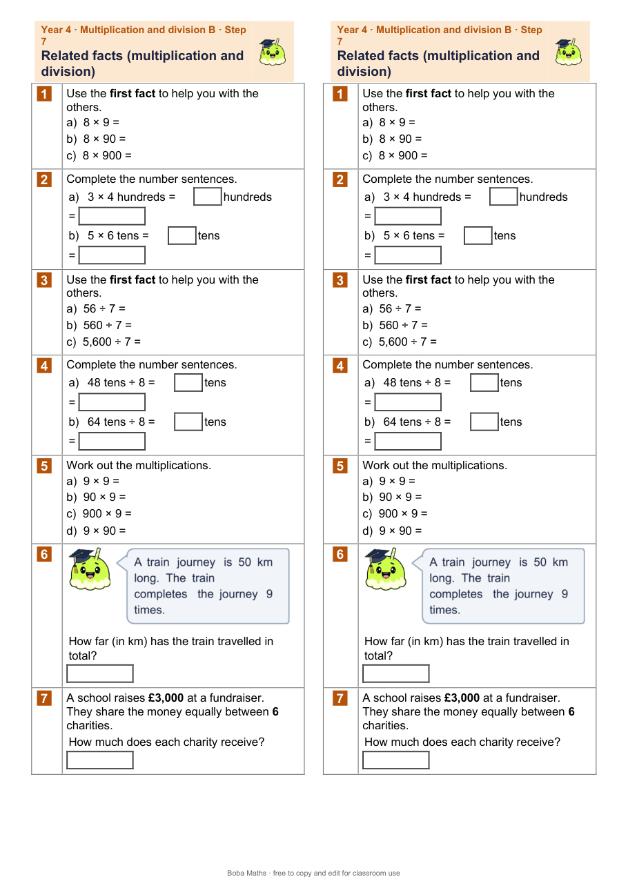 First page of the not scaffolded Related facts (multiplication and division) sheet, printed twice side by side