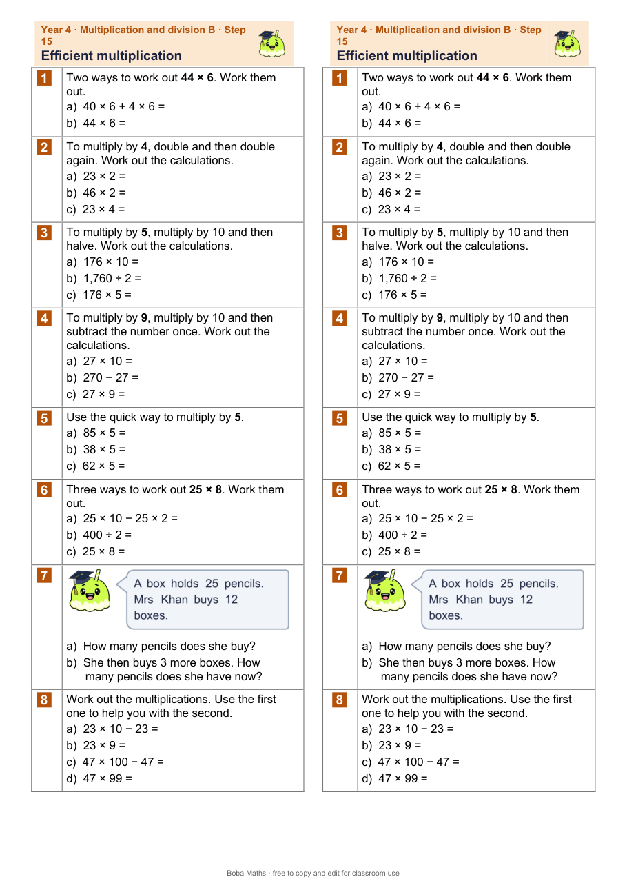 First page of the not scaffolded Efficient multiplication sheet, printed twice side by side