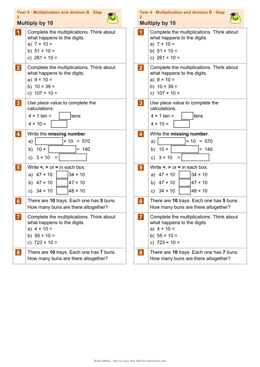 First page of the not scaffolded Multiply by 10 sheet, printed twice side by side