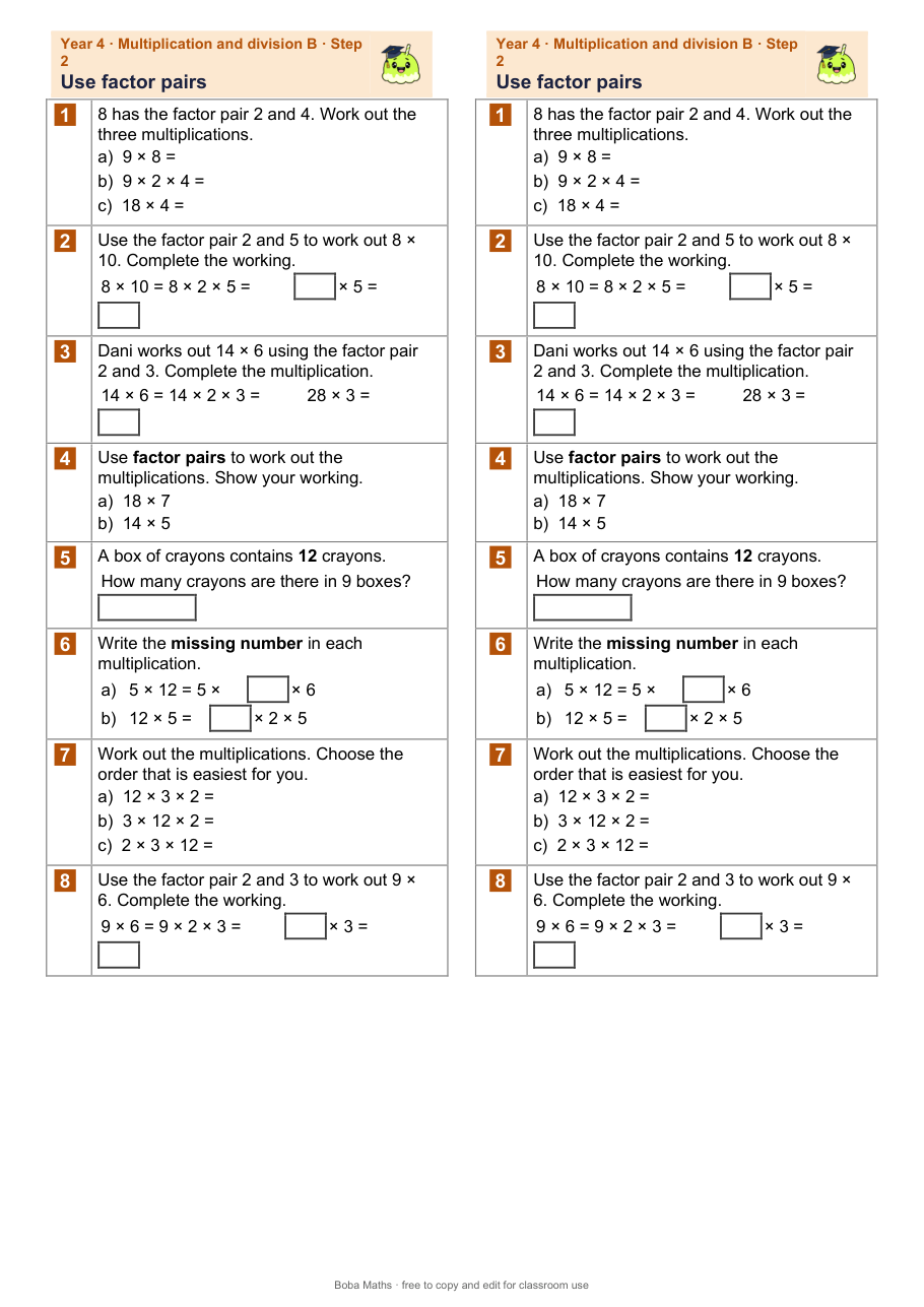 First page of the not scaffolded Use factor pairs sheet, printed twice side by side