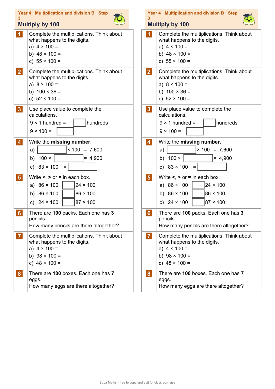 First page of the not scaffolded Multiply by 100 sheet, printed twice side by side
