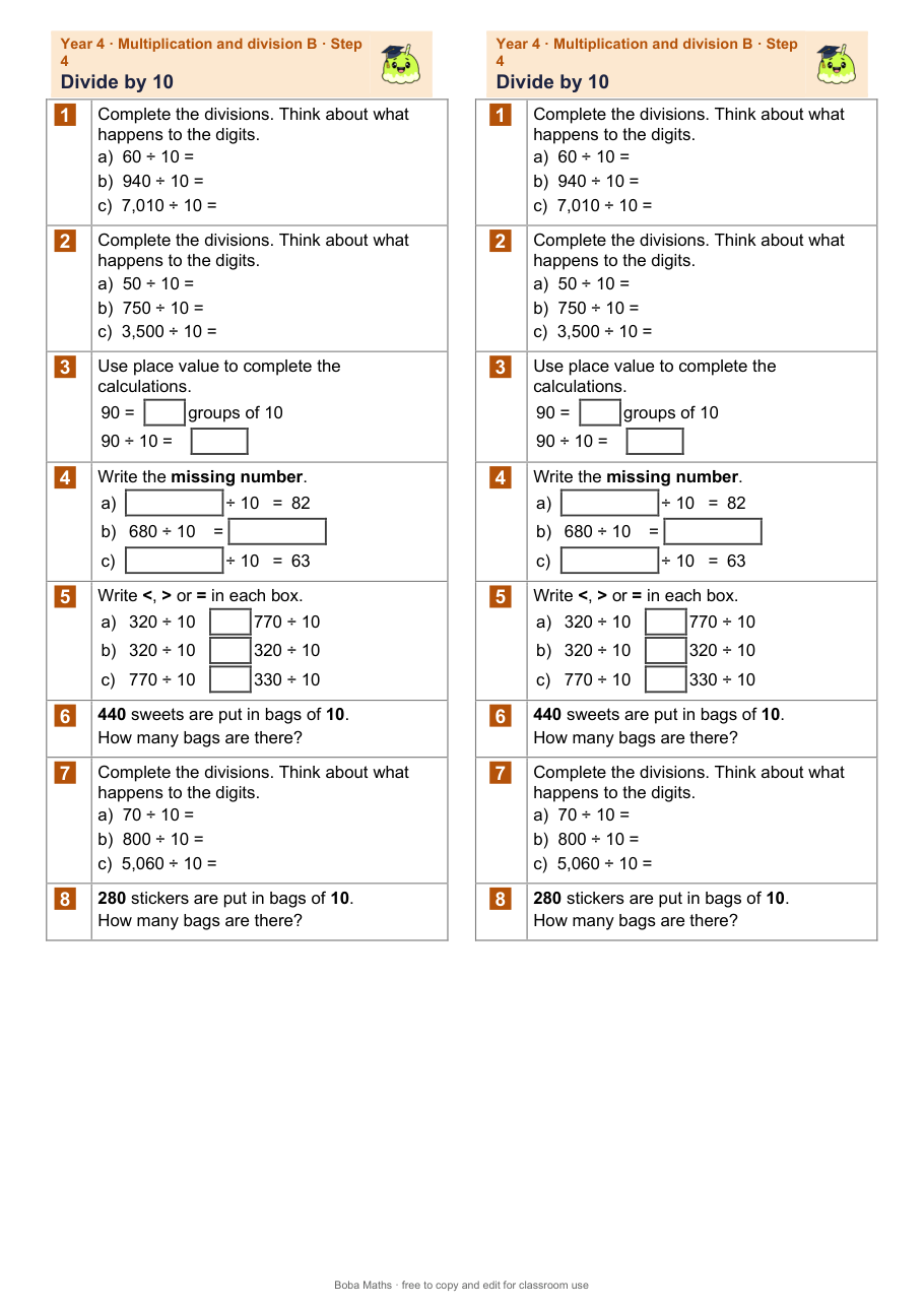 First page of the not scaffolded Divide by 10 sheet, printed twice side by side