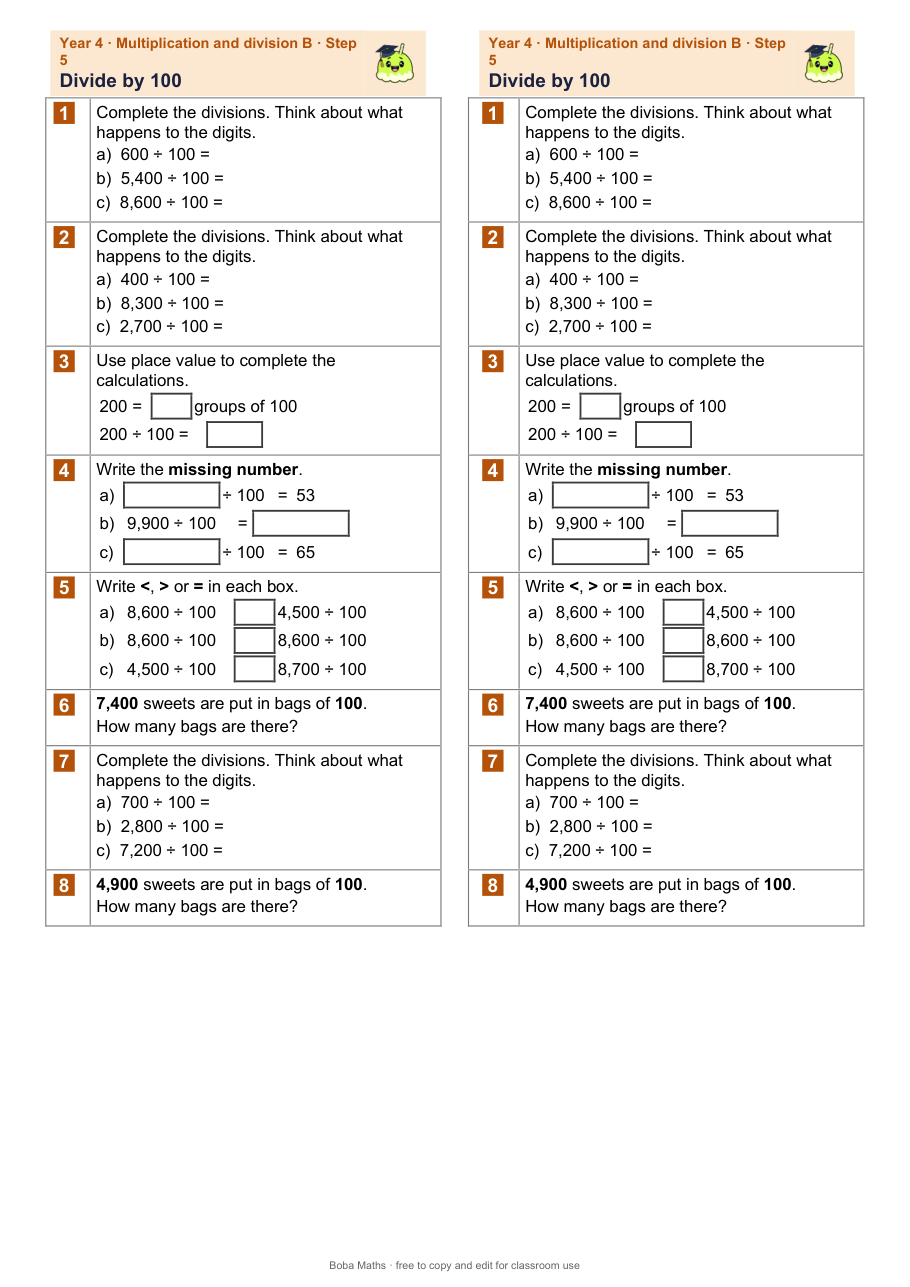 First page of the not scaffolded Divide by 100 sheet, printed twice side by side