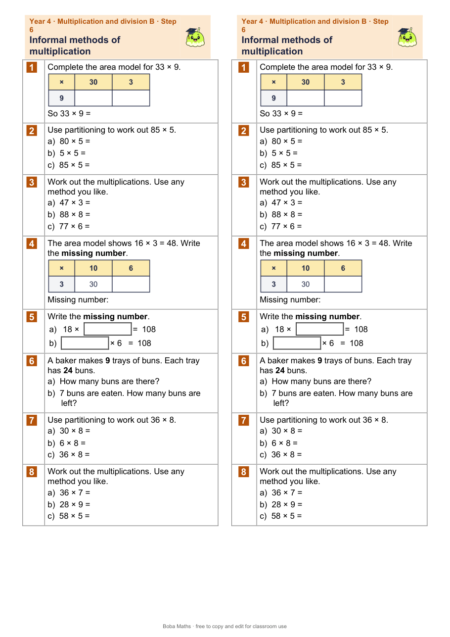 First page of the not scaffolded Informal methods of multiplication sheet, printed twice side by side