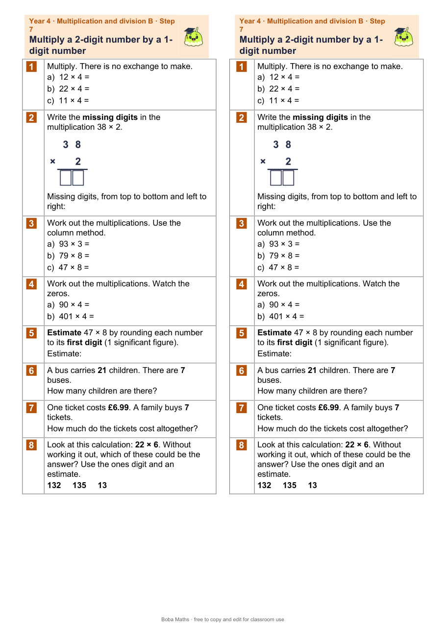 First page of the not scaffolded Multiply a 2-digit number by a 1-digit number sheet, printed twice side by side