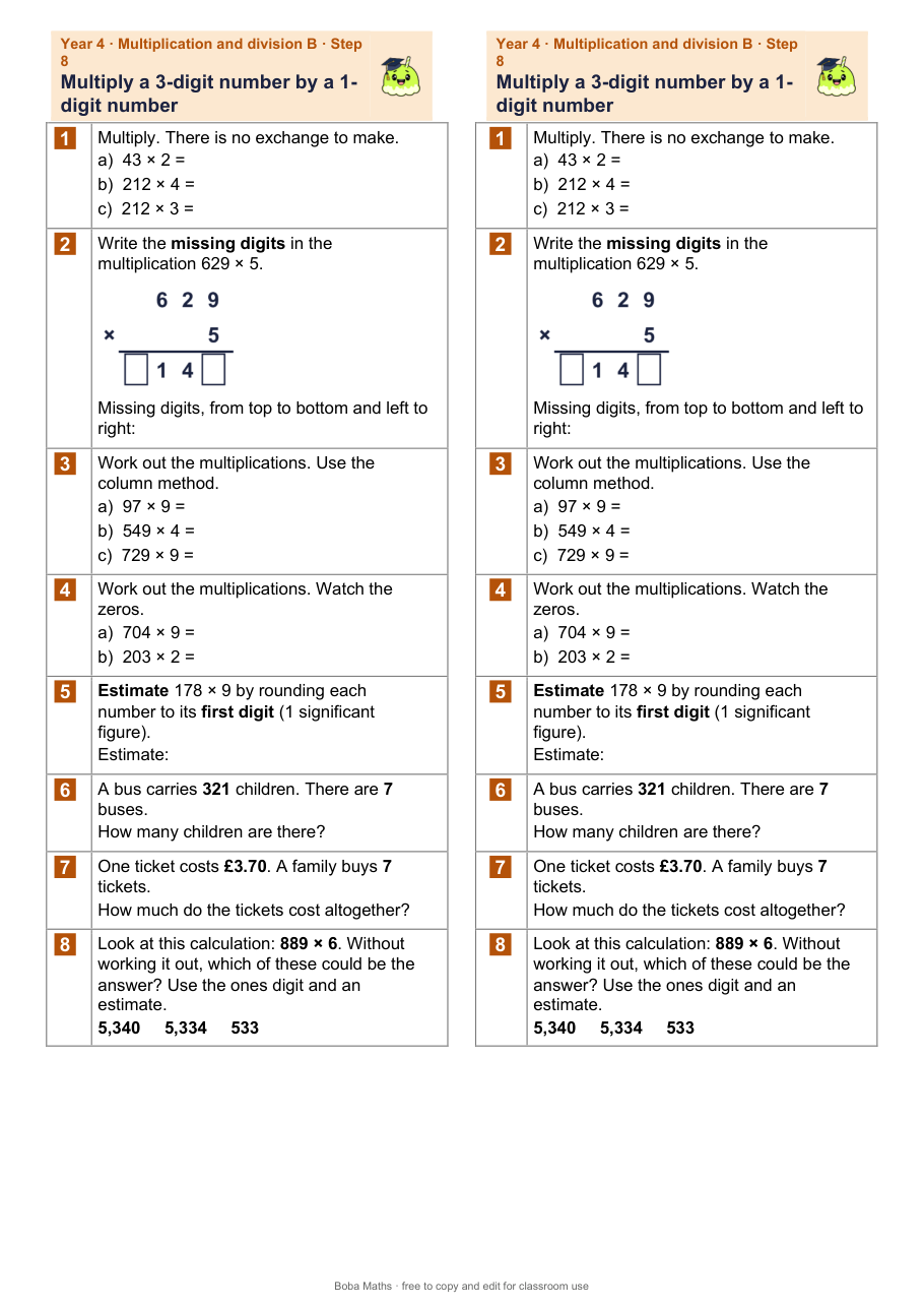 First page of the not scaffolded Multiply a 3-digit number by a 1-digit number sheet, printed twice side by side