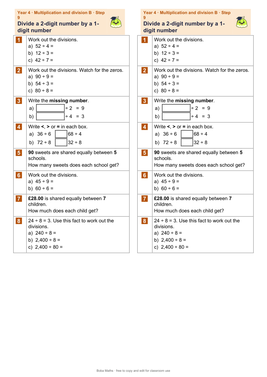 First page of the not scaffolded Divide a 2-digit number by a 1-digit number sheet, printed twice side by side