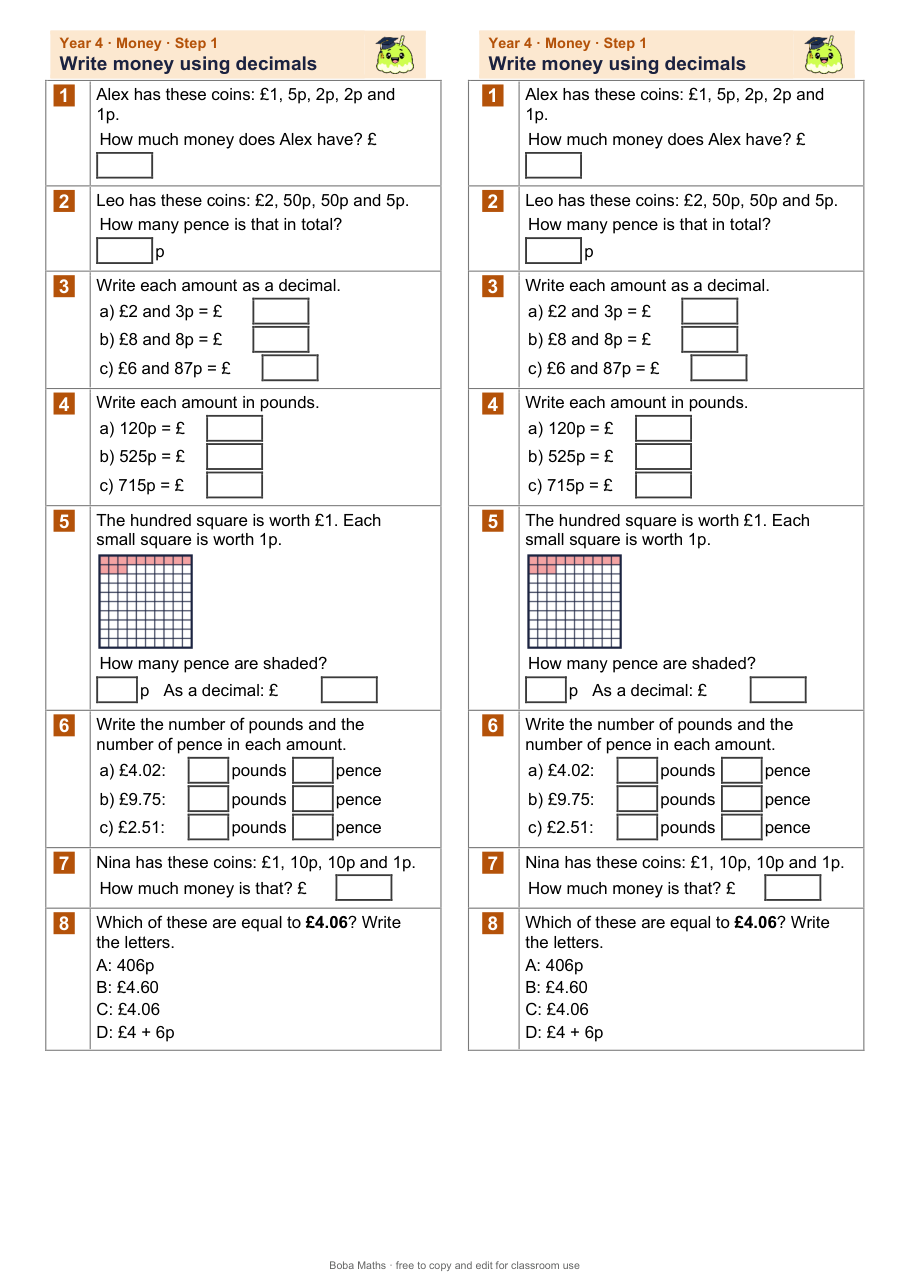 First page of the not scaffolded Write money using decimals sheet, printed twice side by side