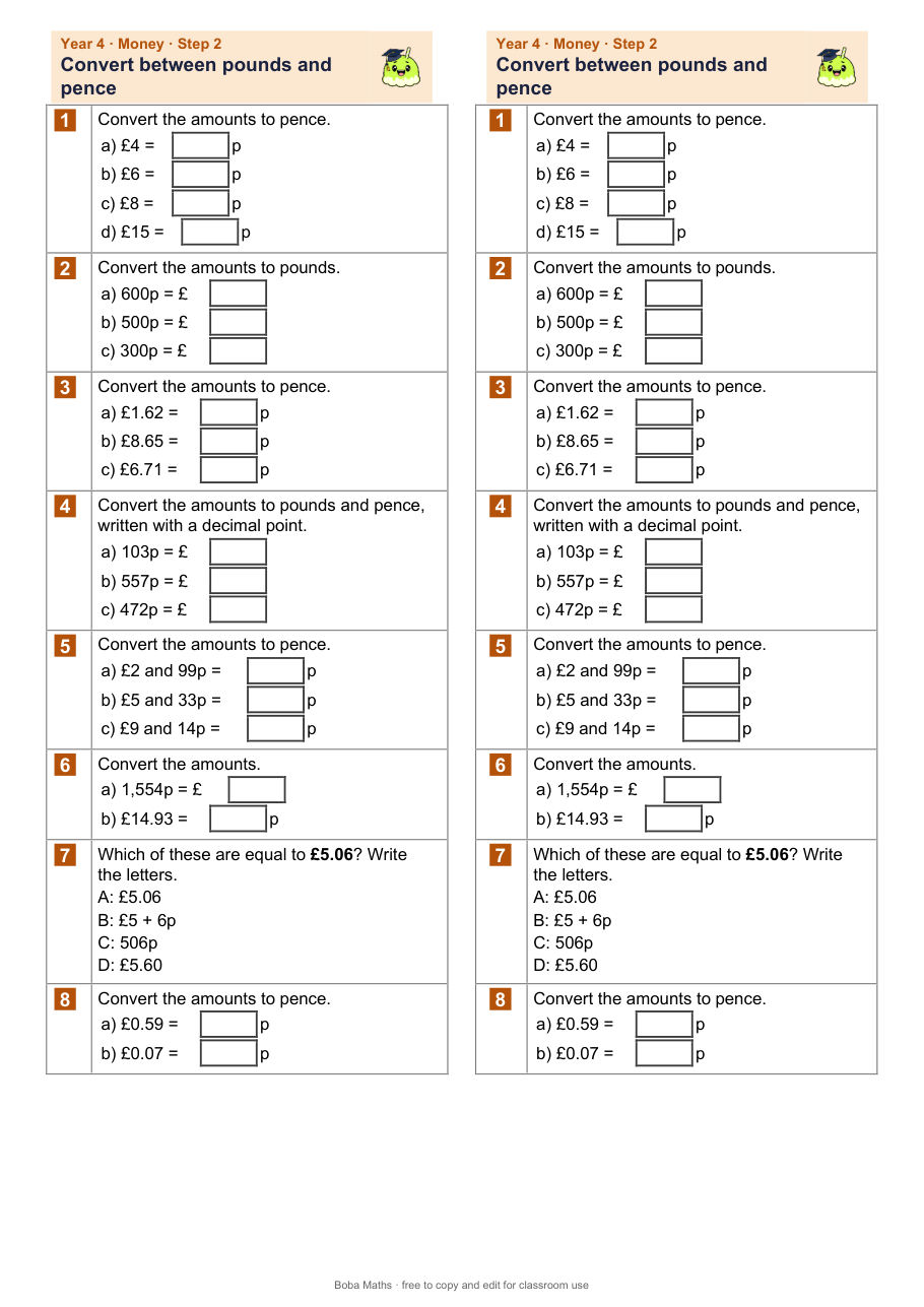 First page of the not scaffolded Convert between pounds and pence sheet, printed twice side by side