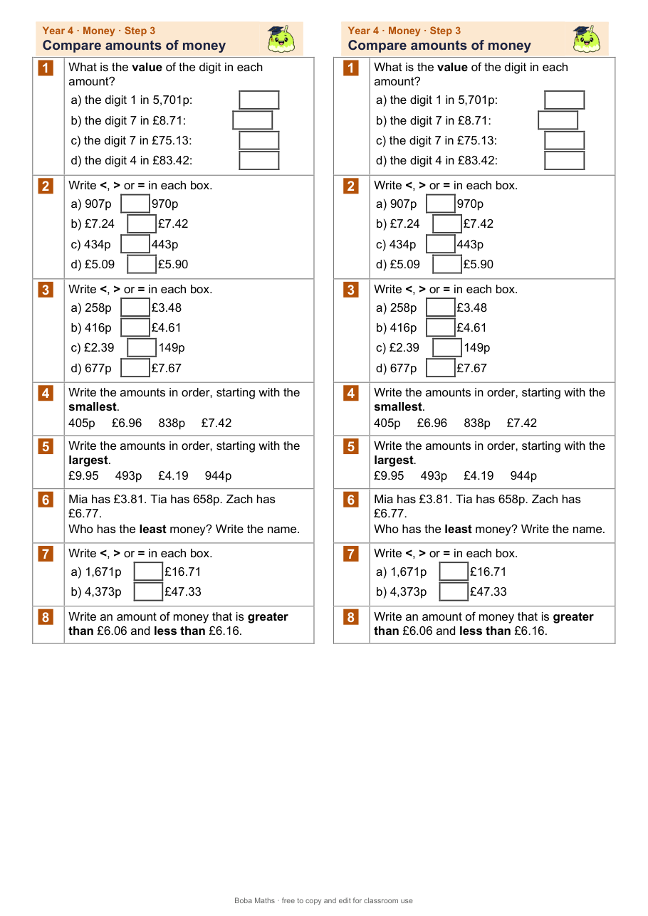 First page of the not scaffolded Compare amounts of money sheet, printed twice side by side