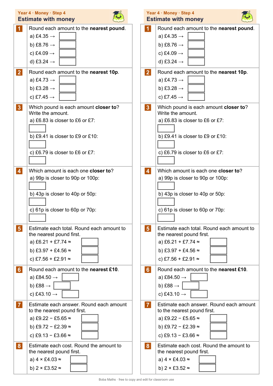 First page of the not scaffolded Estimate with money sheet, printed twice side by side