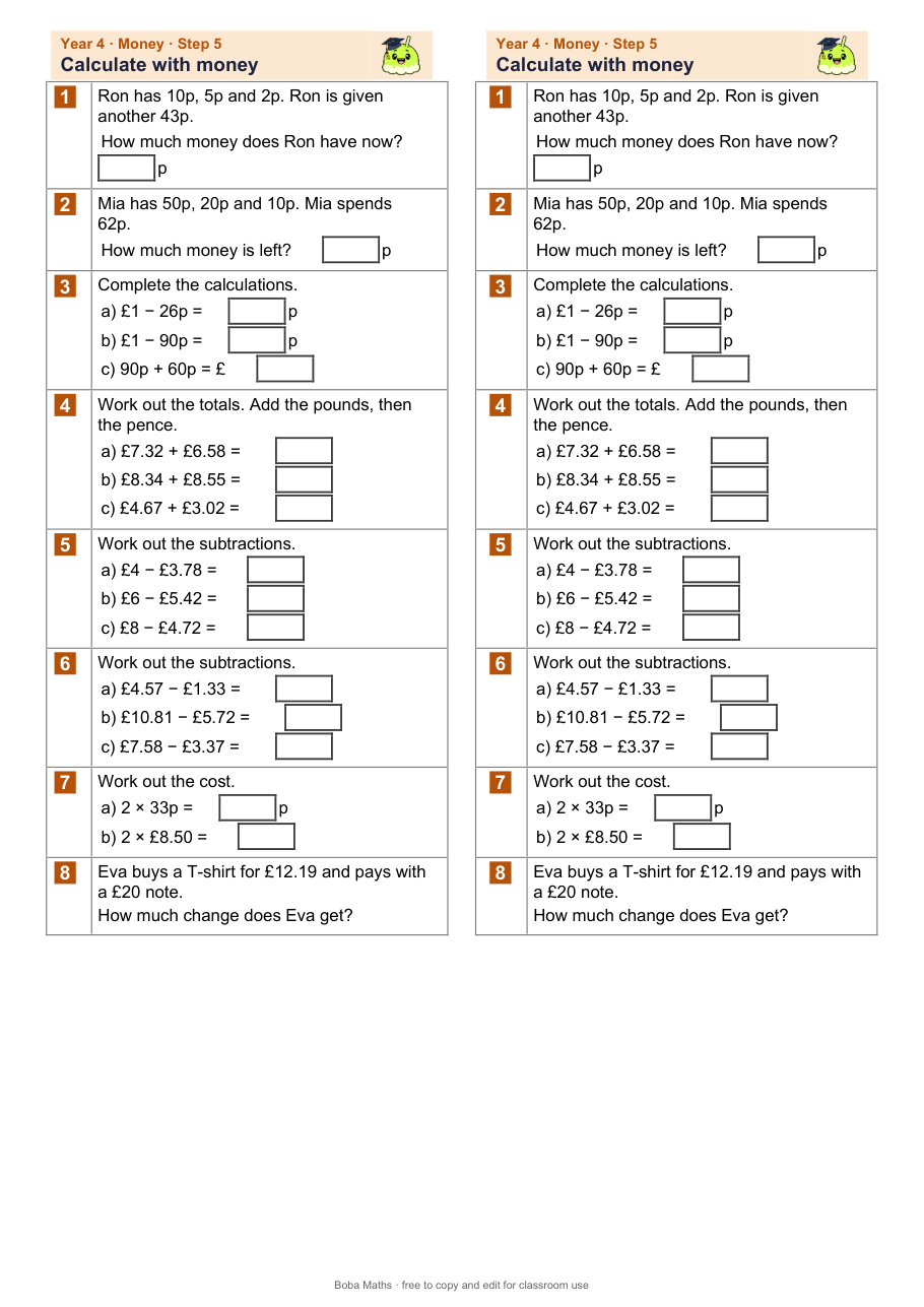 First page of the not scaffolded Calculate with money sheet, printed twice side by side