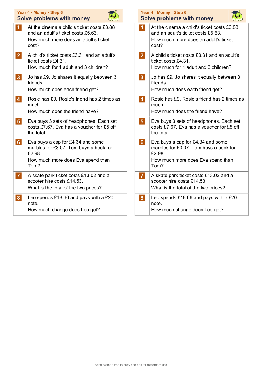 First page of the not scaffolded Solve problems with money sheet, printed twice side by side