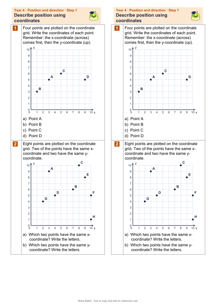 First page of the not scaffolded Describe position using coordinates sheet, printed twice side by side