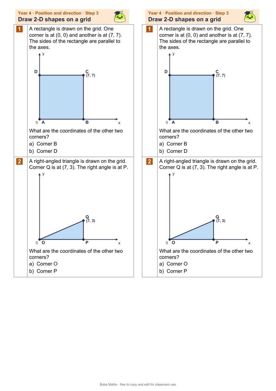 First page of the not scaffolded Draw 2-D shapes on a grid sheet, printed twice side by side
