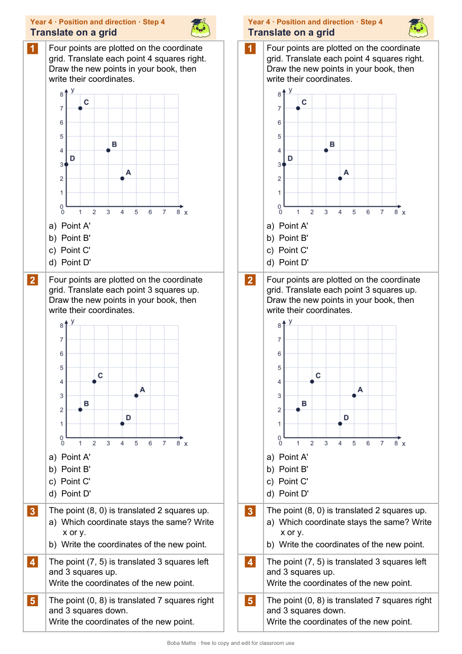 First page of the not scaffolded Translate on a grid sheet, printed twice side by side