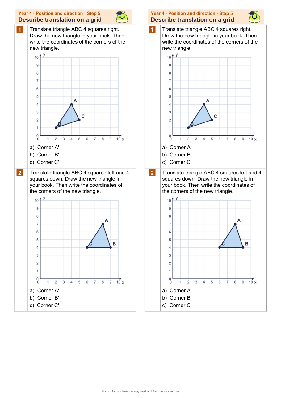 First page of the not scaffolded Describe translation on a grid sheet, printed twice side by side