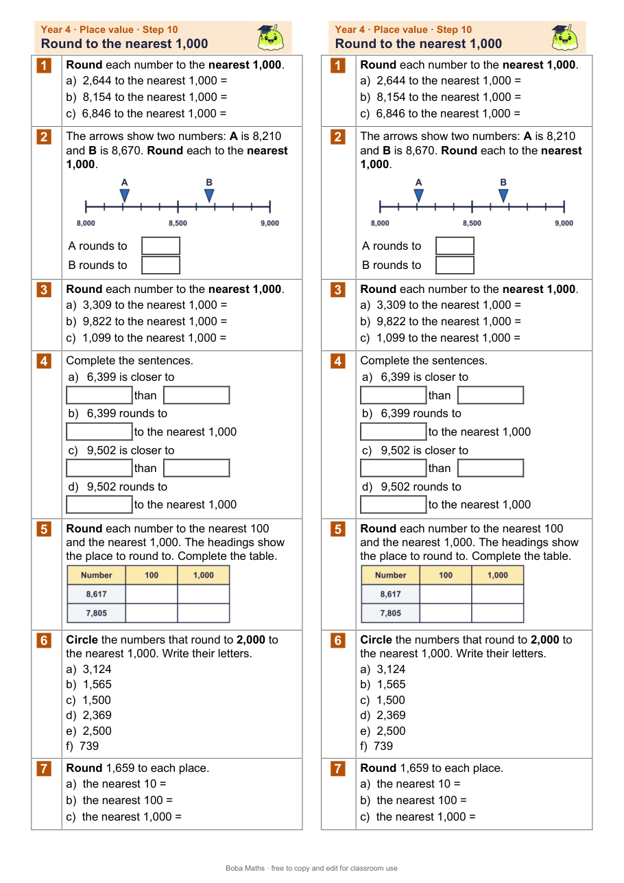 First page of the not scaffolded Round to the nearest 1,000 sheet, printed twice side by side