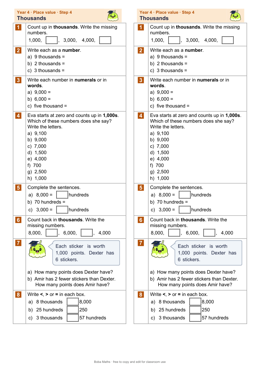 First page of the not scaffolded Thousands sheet, printed twice side by side