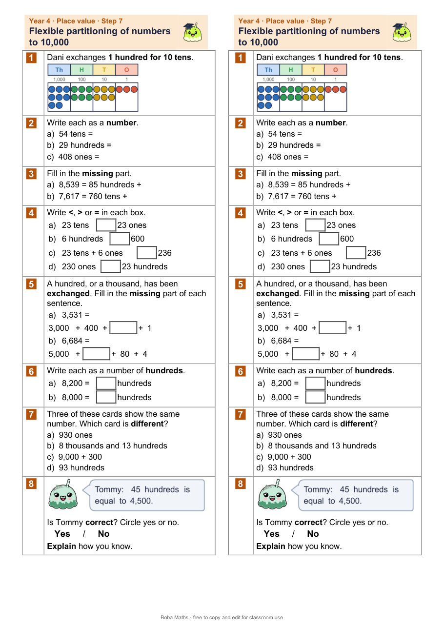 First page of the not scaffolded Flexible partitioning of numbers to 10,000 sheet, printed twice side by side